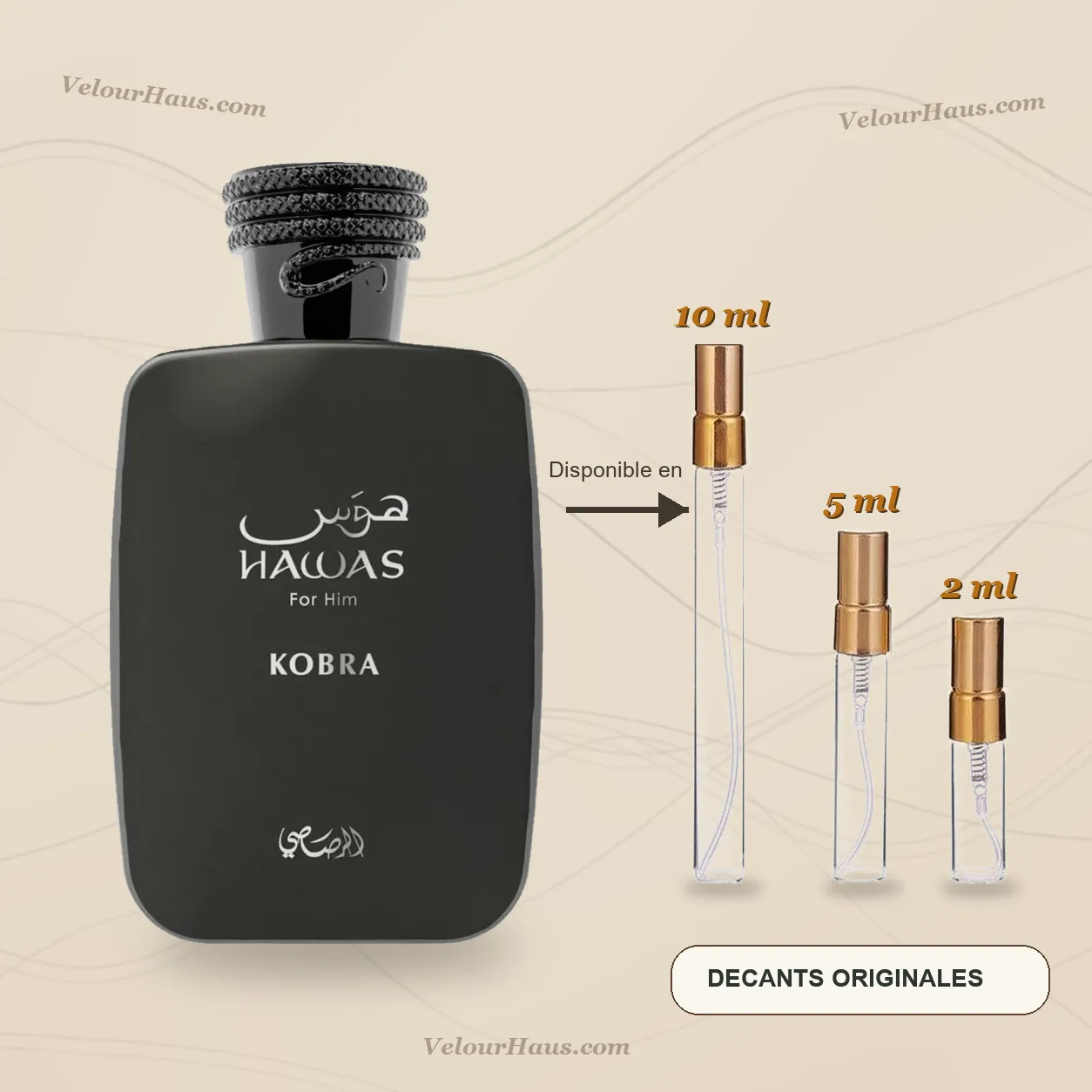 Rasasi Hawas Kobra EDP con frasco de origen y decants de 10 ml, 5 ml y 2 ml