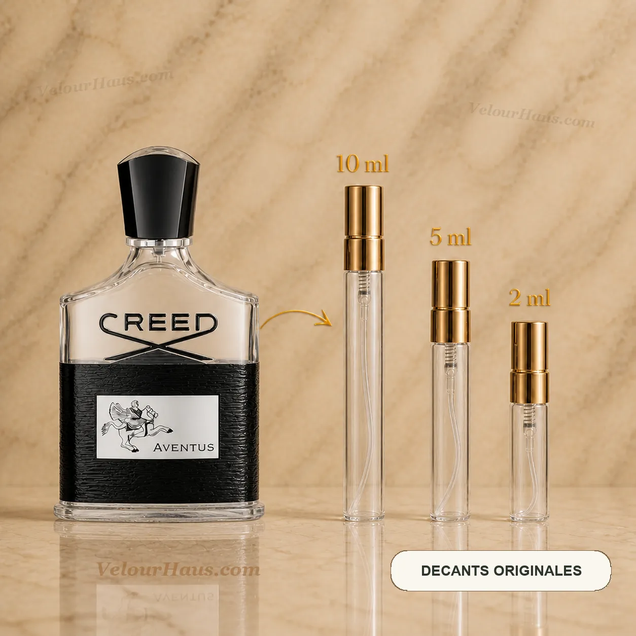 Creed Aventus con frasco de origen y decants de 10 ml, 5 ml y 2 ml