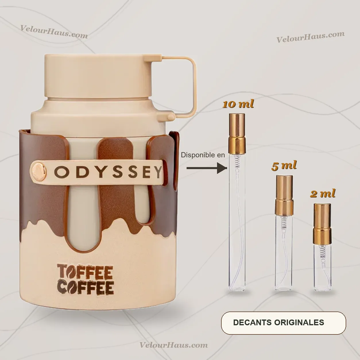 Armaf Odyssey Toffee Coffee EDP con frasco de origen y decants de 10 ml, 5 ml y 2 ml