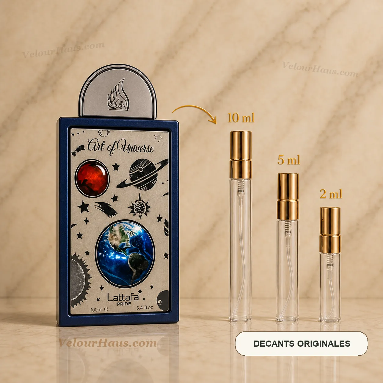 Art of Universe Lattafa con frasco de origen y decants de 10 ml, 5 ml y 2 ml