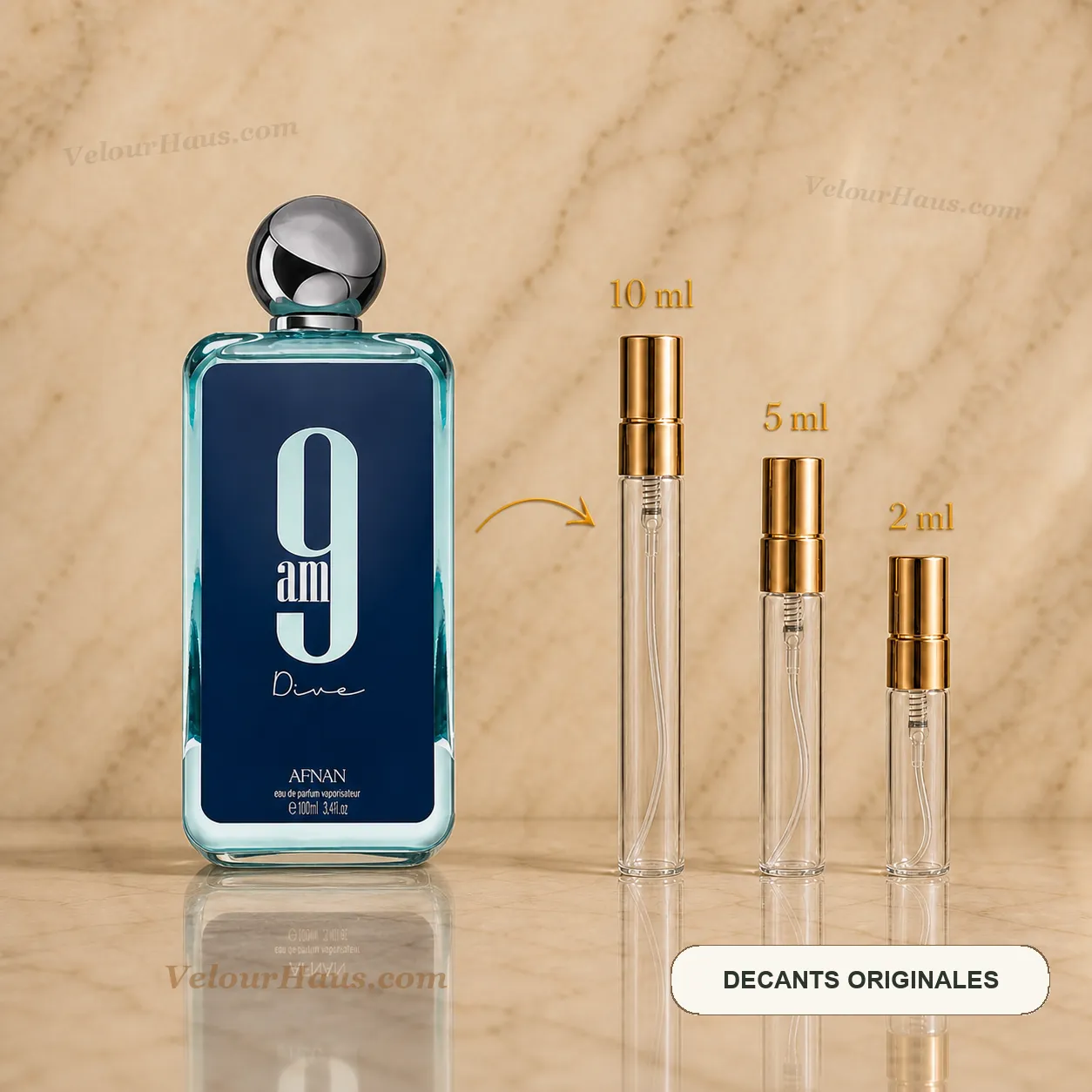 9AM Dive Afnan con frasco de origen y decants de 10 ml, 5 ml y 2 ml
