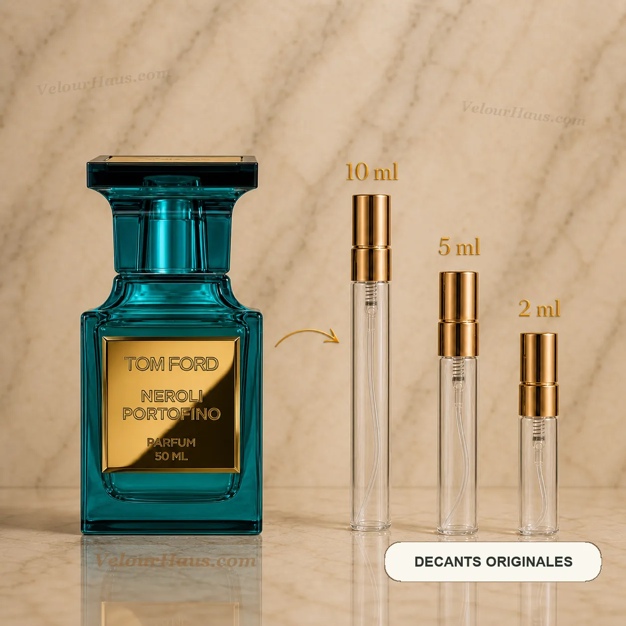 Neroli Portofino Tom Ford con frasco de origen y decants de 10 ml, 5 ml y 2 ml