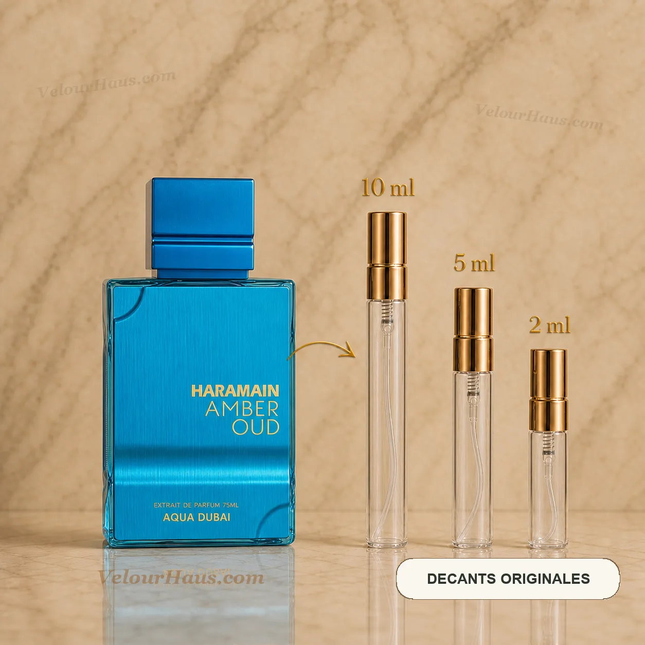 Aqua Dubai Al Haramain con frasco de origen y decants de 10 ml, 5 ml y 2 ml