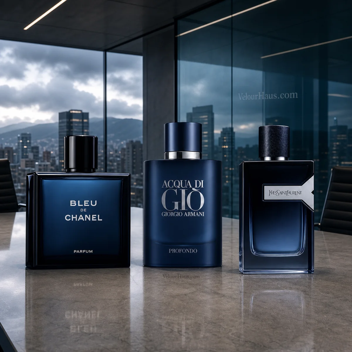 Combo Azul Ejecutivo: Bleu de Chanel Parfum, Acqua di Gio Profondo Armani y Y Eau de Parfum YSL. Perfumes originales en Guatemala.
