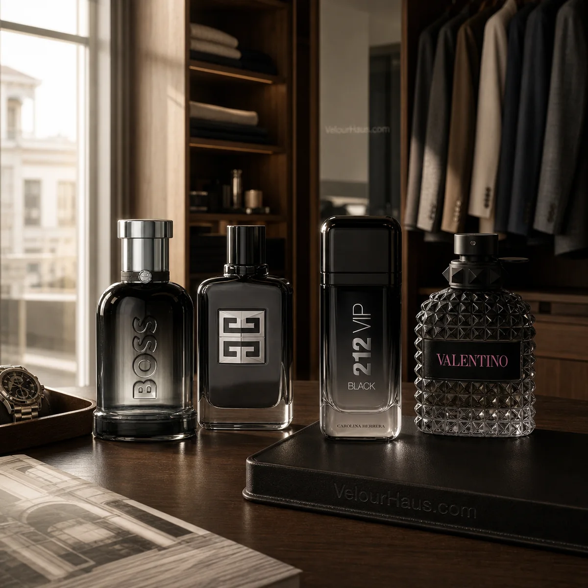Combo Caballero Moderno: Boss Bottled Beyond de Hugo Boss, Gentleman Society Eau de Parfum Extrême de Givenchy y 212 VIP Black Carolina Herrera y más. Perfumes originales en Guatemala.