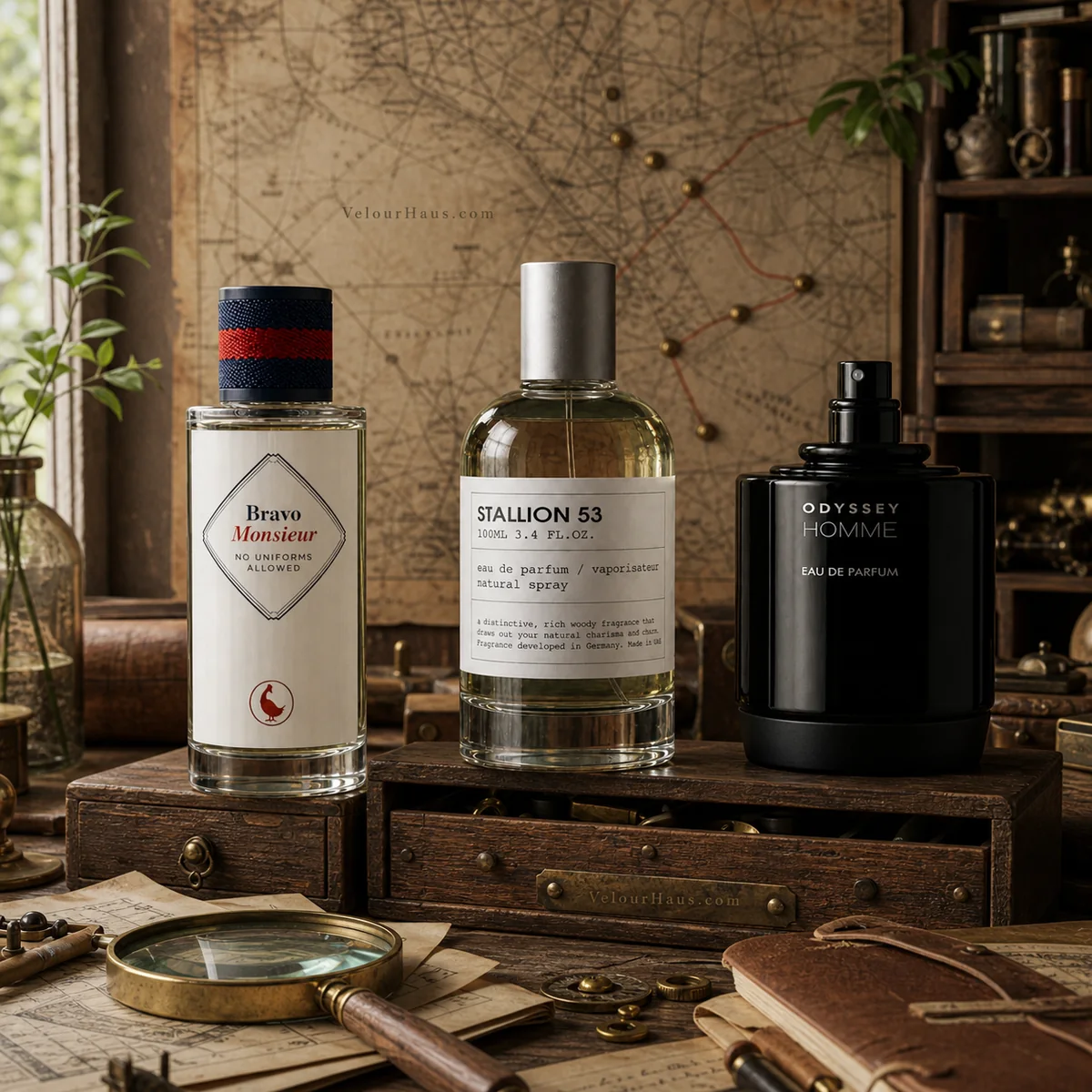 Combo Caza Tesoros: Bravo Monsieur No Uniforms Allowed El Ganso, Stallion 53 Emper y Odyssey Homme Black de Armaf. Perfumes originales en Guatemala.