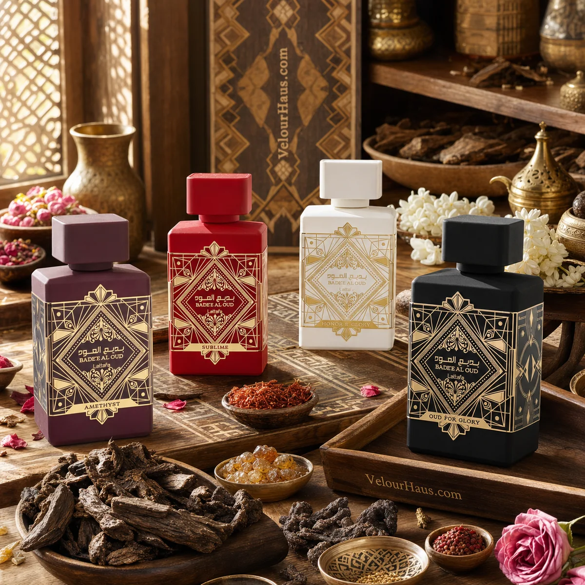 Combo Colección Badee Al Oud: Badee Al Oud Amethyst de Lattafa, Badee Al Oud Sublime de Lattafa y Badee Al Oud Honor Glory Lattafa y más. Perfumes originales en Guatemala.