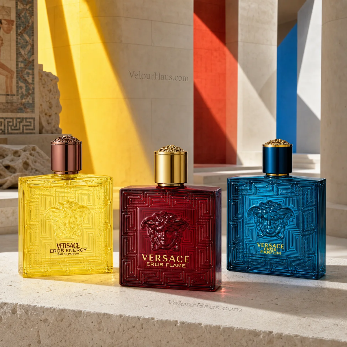 Combo Eros Trío: Eros Energy Eau de Parfum de Versace, Eros Flame EDP de Versace y Eros Parfum de Versace. Perfumes originales en Guatemala.