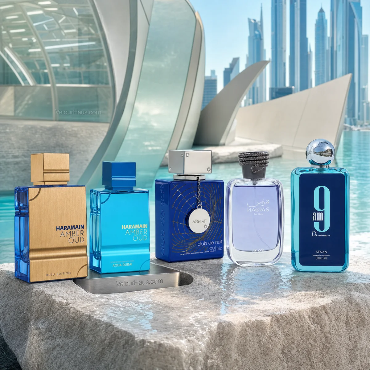Combo Fresco de Dubái: Amber Oud Blue Edition Al Haramain, Aqua Dubai Al Haramain y Club de Nuit Blue Iconic de Armaf y más. Perfumes originales en Guatemala.