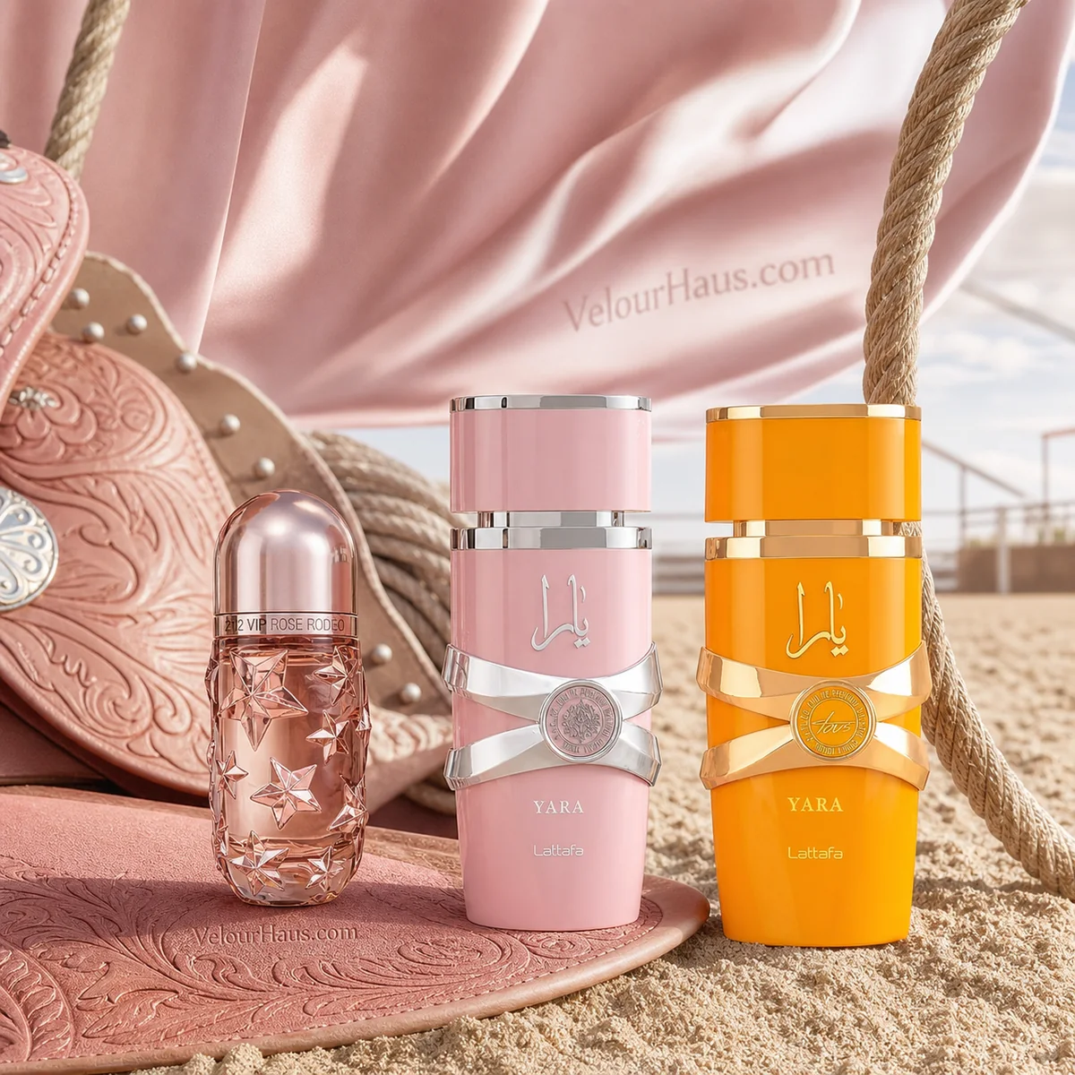 Combo Rodeo Rosa: 212 VIP Rosé Rodeo Carolina Herrera, Yara de Lattafa y Yara Tous de Lattafa. Perfumes originales en Guatemala.