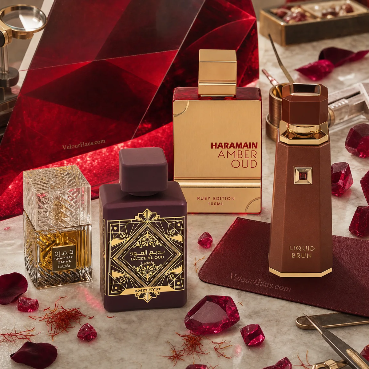 Combo Rubí Árabe: Amber Oud Ruby Edition Al Haramain, Khamrah Qahwa de Lattafa y Badee Al Oud Amethyst de Lattafa y más. Perfumes originales en Guatemala.
