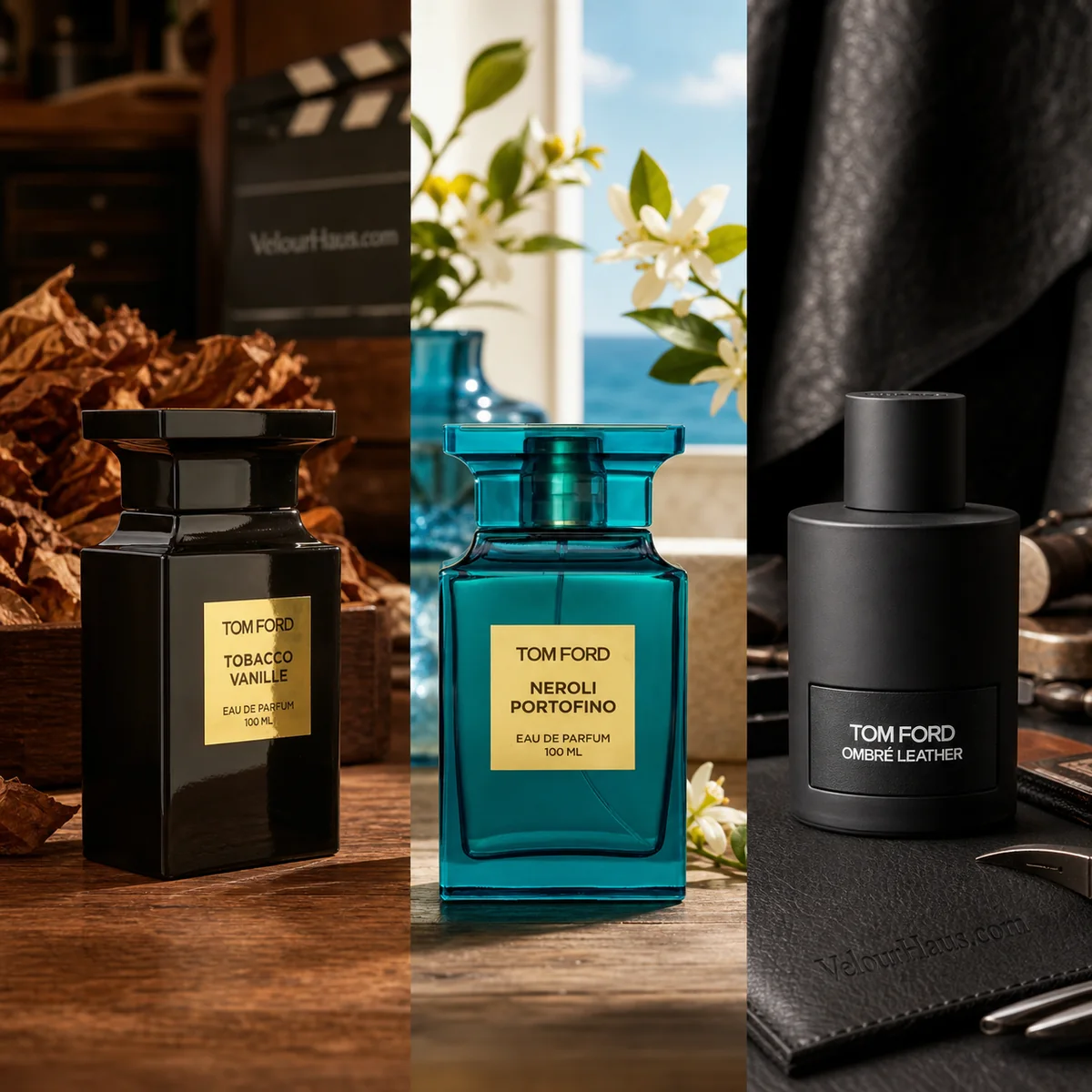 Combo Tom Ford Trío: Tobacco Vanille Tom Ford, Neroli Portofino Tom Ford y Ombré Leather Tom Ford. Perfumes originales en Guatemala.